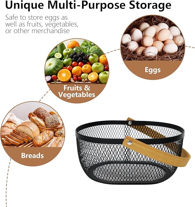 Farmhouse Egg Baskets for Gathering Fresh Eggs, Oval Metal Egg Collecting Basket Egg Holder with Wooden Handle, Countertop Kitchen Decor