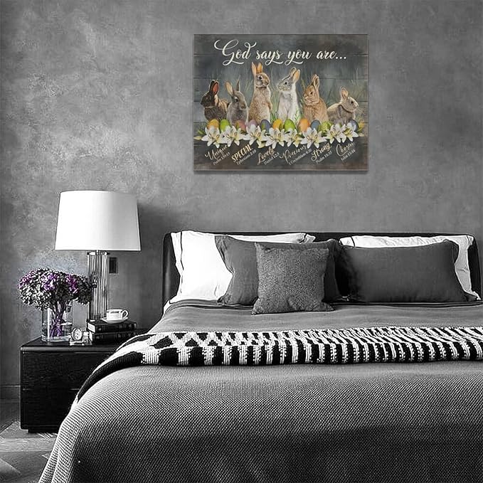 banonaty Easter Bunny Wall Art Rabbit Pictures Wall Decor God Says You Are Canvas Prints Modern Artwork Home Decoration For Kids Room Bathroom Bedroom Kitchen Office Framed 16''x12''