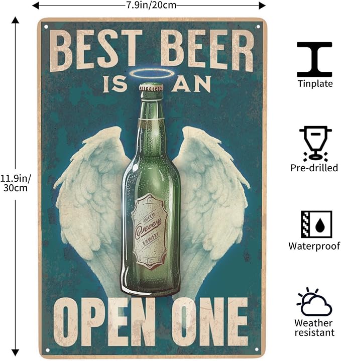 JOCASA Best Beer Is An Open-One Vintage Metal Poster Sign Decor-Retro Beer Theme Aluminum Metal Tin Sign for Garage Decor Bar Room Home Kitchen, Signs Gift,12''x 8''