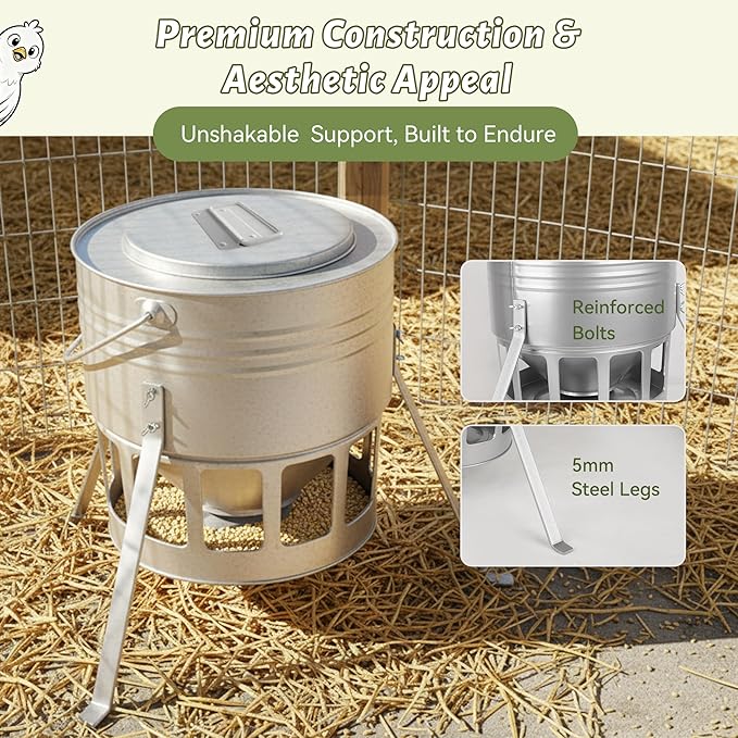 KOL Metal Chicken Feeder - 20lbs No Waste Chicken Feeder with 12 Ports, Powder Coated Rust-Proof Design & Smooth Edges for Safe Feeding (Silver)