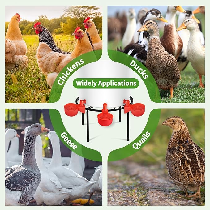 Chicken Water Feeder, 12 Pack Chicken Water Cup Waterer for Poultry, 1 Pack Metal Stand, Heavy Duty Round Iron Supports Rack for Barrel Racks, Poultry Watering Cups, for Coop Poultry Indoor Outdoor