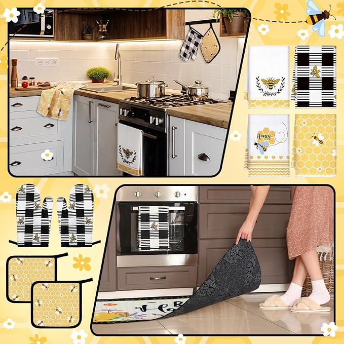 10 Pcs Bee Kitchen Dish Towels Rugs Oven Mitts and Pot Holders Set Farmhouse Kitchen Decor Set for Women Mom Daughter Gift Cooking Baking Grilling (Cute Yellow Black)
