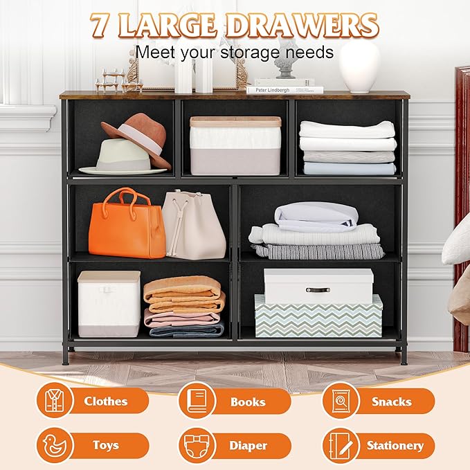 WelFurGeer 7-Drawer Fabric Dresser with Metal Frame, Dressers & Chests of Drawers, White Chest of Drawers for Bedroom, Hallway, Entryway, Closets, Kids Room Organization, Brown