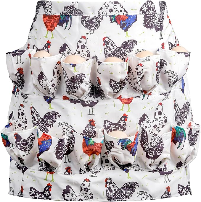 AVLA Chicken Egg Collecting Apron, 12 Deep Pockets Egg Gathering Holding Aprons, Farmhouse Egg Carrier Apron for Hens, Duck, Goose Eggs, Women, Adults, Housewives