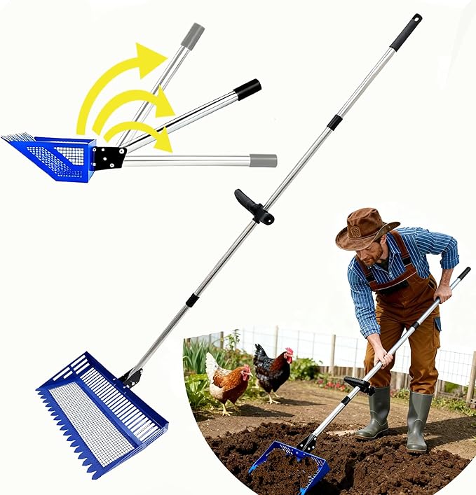 Chicken Poop Scooper & Rake 2-in-1 2026 New Blue Stainless Steel 15" Extra Large Sifting Shovel, 24"-68" Adjustable Handle with Sawtooth, 0.25" Leak-Proof Squares for Chicken Coop & Pet/Horse Manure ﻿