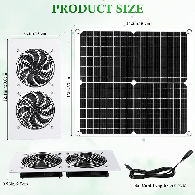 1 Set Solar Panel Fan Kit 25W 12V Solar Fans for Outside Greenhouse USB Portable Waterproof Dual Fan with Metal Shell for Inside Chicken Coop, Shed, Pet House