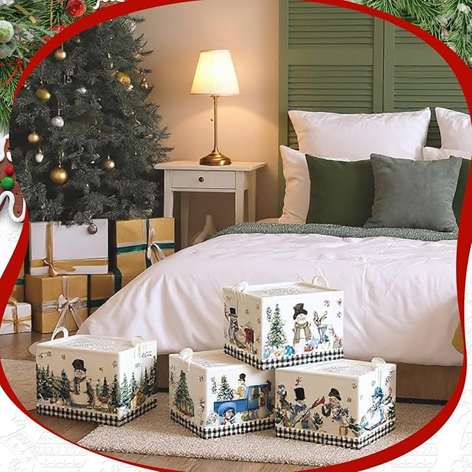 CHENGU 6 Pack Winter Storage Basket Collapsible Winter Basket for Gifts Buffalo Plaid Holiday Decor Large Snowman Bin Foldable Tree Box with Handle for Bedroom Office Home