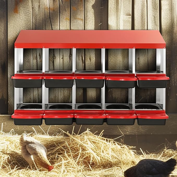 VEVOR Chicken Nest Box, 10-Compartment, 30 to 45 in Stable & Corrosion-Resistant Mental Nesting Boxes with Inclined Nesting Boxes, Bottom Holes & Resting Platform, Fit for Different Chicken Breeds