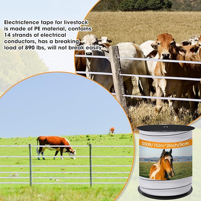 2 Inch x 1500ft/ 457m Electric Fence Tapes with High Visibility 3 Rolls Each 500ft Electric Horse Fence Kit for Horse Livestock