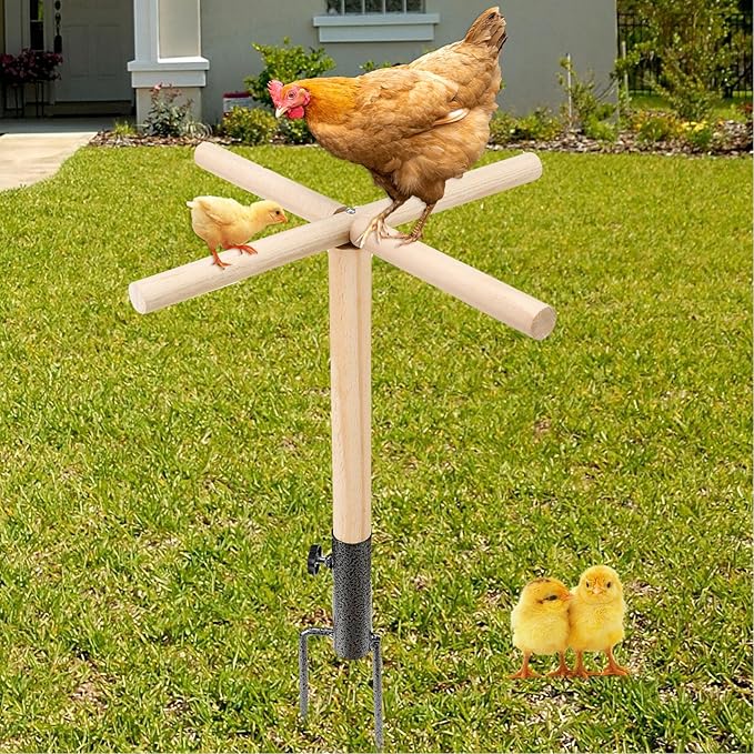 Chicken Perch Toys for Coop, Sturdy Chick Perch Stand Wooden with Metal Ground Plug Chicken Roosting Bar Backyard Playground Chicken Coop Toy Suitable for Poultry Large Chicks Bird Parrot