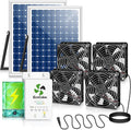 Solar Exhaust Fan for Greenhouse with Battery and Adjustable Thermostat, Solar Powered Fan with 2PCS 25W Bifacial Solar Panel & Quad 5.5" Fans Kits