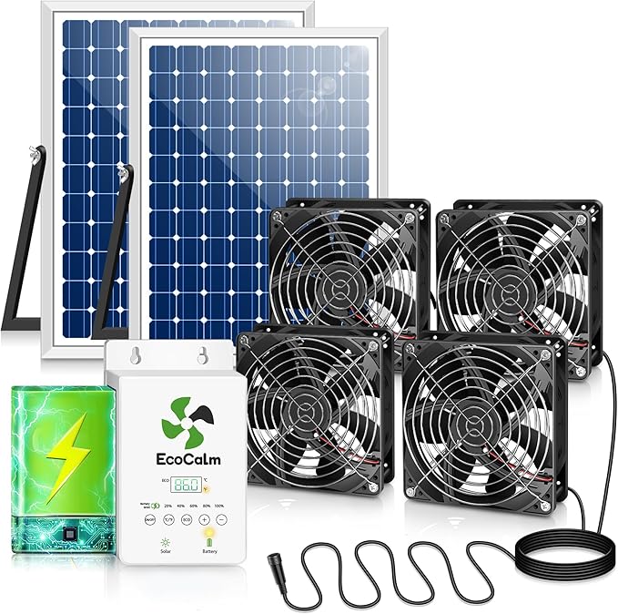 Solar Exhaust Fan for Greenhouse with Battery and Adjustable Thermostat, Solar Powered Fan with 2PCS 25W Bifacial Solar Panel & Quad 5.5" Fans Kits