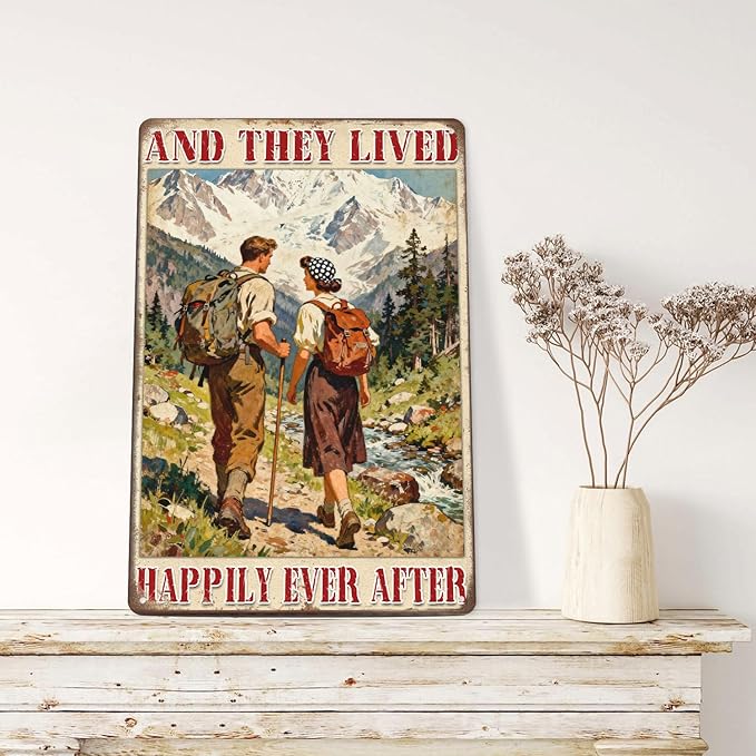 Vintage Tin Sign ‘And They Lived, Happily Ever After’ Couple Rustic Metal Wall Art Decor For Home Kitchen Bedroom Living Room 8x12 Inch