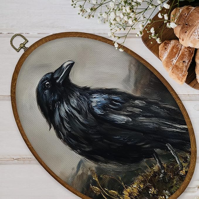 WULQYING Vintage Halloween Crow Wall Art Decor, Gothic Moody Bird Oval Framed Canvas Art Prints, Dark Academia Cottagecore Raven Wall Hanging Decor for Home Bedroom Living Room, 8.6x11.4 Inches