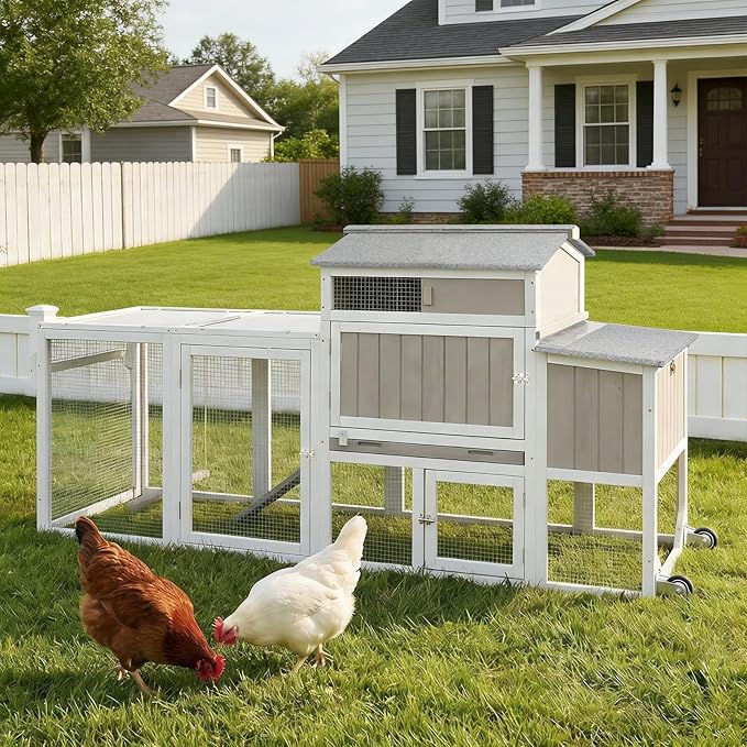 Wooden Chicken Coop with Wheels – Large Movable Outdoor Hen House with Waterproof Clear Sunlight Panel Roof, Nesting Box & Easy-Clean Tray – Spacious Backyard Poultry Tractor Grey