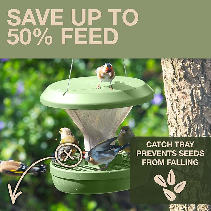 SWISSINNO Bird Feeders - No Mess Hanging Bird Feeder for Outdoors - Smart Birds Davos Spill Proof Wild Cardinal & Small Bird Feeder with Integrated Seed Catcher Tray - Dual Chamber - Sage