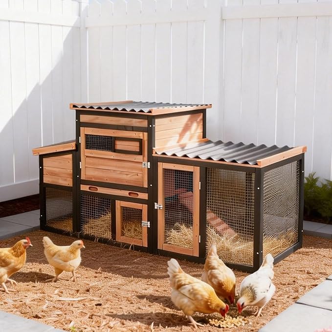 Wooden Chicken Coop with Outdoor Run, 4-Season Weatherproof Poultry Cage for Hens Ducks Rabbits, Large Walk-in Pet House with Nesting Box, Removable Tray & Secure Latch for Backyard Farm