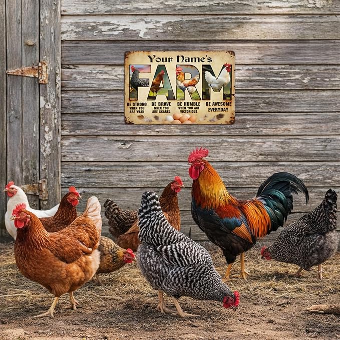 Custom Name Chicken Rooster Metal Tin Sign Personalized Farm Plaque Wall Art Vintage Rustic Decor Be Strong Be Brave Motivational Quote Barn Backyard Gift