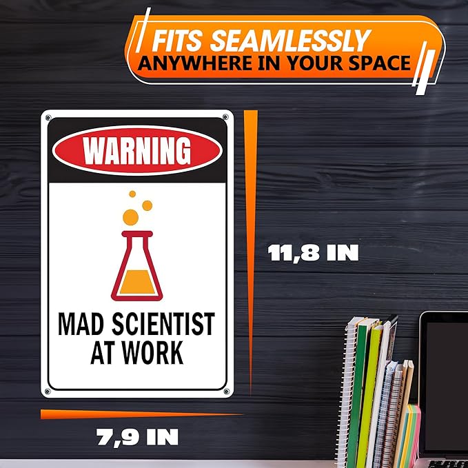 Mad Scientist Metal Sign 7.9x11.8" – Mad Scientist Props with Good Print Quality, Science Classroom Decor, Office, or Home – Rust Resistant Tin Wall Art, Chemistry Gifts for Men | Easy Installation