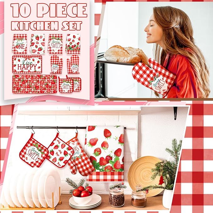 10 Pcs Strawberry Kitchen Dish Towels Rugs Oven Mitts and Pot Holders Set Farmhouse Kitchen Decor Set for Women Mom Daughter Gift Cooking Baking Grilling (Red and White)
