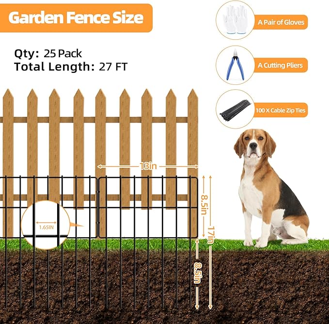 25 Pack Garden Animal Barrier - 1.65inch Spike Spacing, Reusable Rustproof Metal Fence Border for Dogs & Rabbits - Total 27ft(L) x 17inch(H)