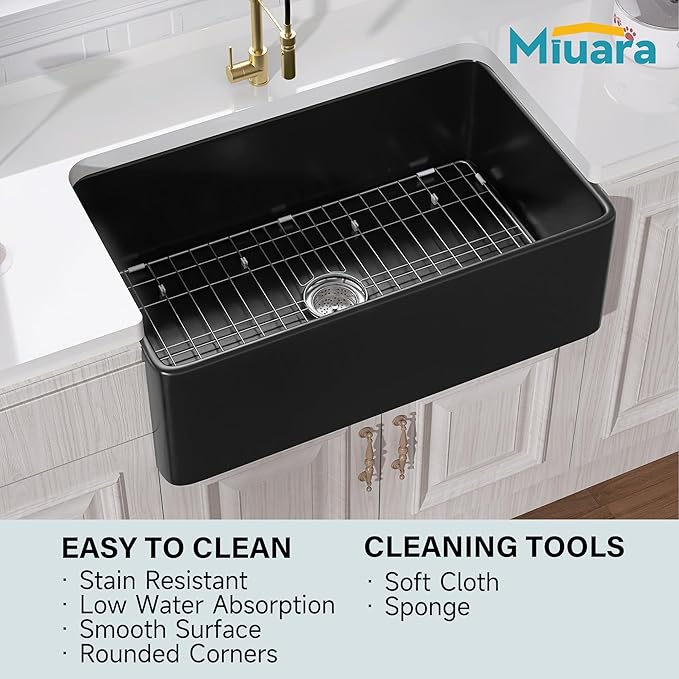 Miuara Black Farmhouse Sink 30 Inch - Apron Front Undermount Kitchen Sink Reversible 30"x18"x10", Farm House Style Single Bowl, Heavy Duty Solid Fireclay, Matte Black, for Kitchen
