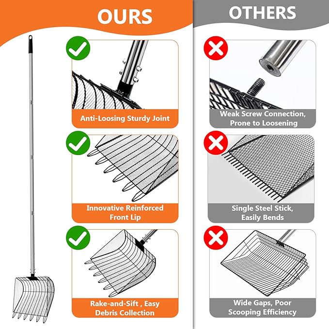 Chicken Poop Scooper & Rake, Stainless Steel Coop Scoop for Sand, Litter Sifting Shovel for Chickens, Adjustable Length 27" to 64"