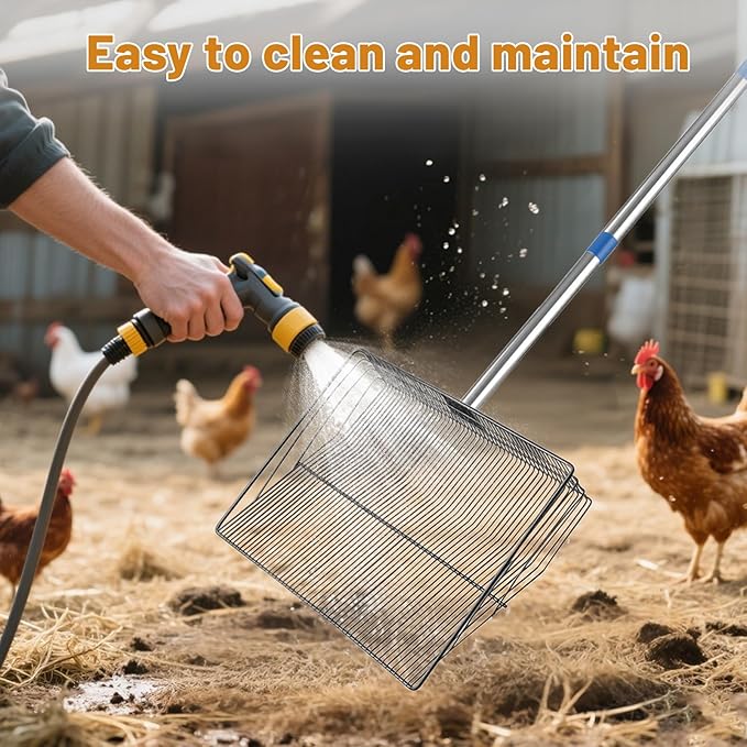15 Inch Large Chicken Poop Scooper,4 in 1 Adjustable Chicken Coop Scoop, (25 to 71 inch) Adjustable Stainless Steel Handle Chicken coop Rake and Pair of Non-Slip Gloves, Chicken Coop Accessories