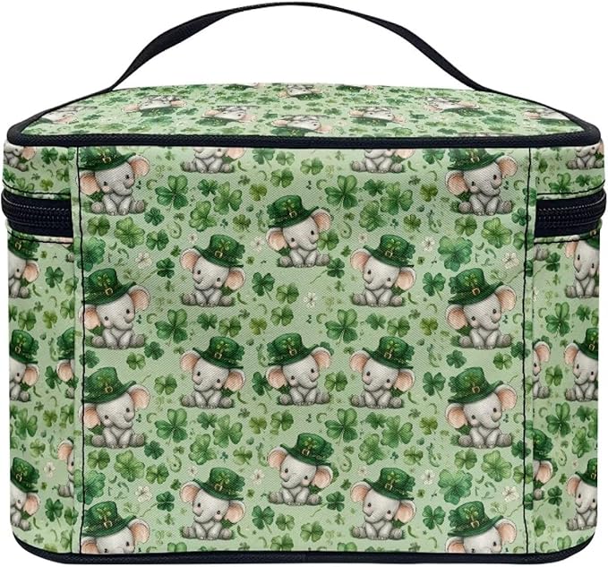 Travel Makeup Bags for Women Portable Tote Cosmetic Case with Carry Handle Toiletry Accessories Storage Organizer Bags for St. Ptrick's Day, Cute Elephant Shamrock
