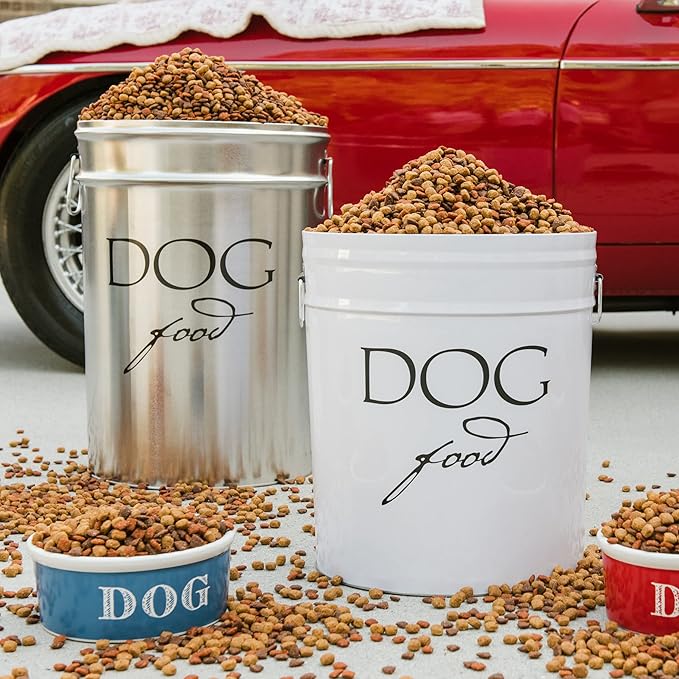 Harry Barker Classic White Dog Food Storage Canister – Large, Airtight Stainless Steel Pet Food Container, Holds Up to 40 lbs Dry Dog Food, Kitchen Counter & Pantry Storage - White