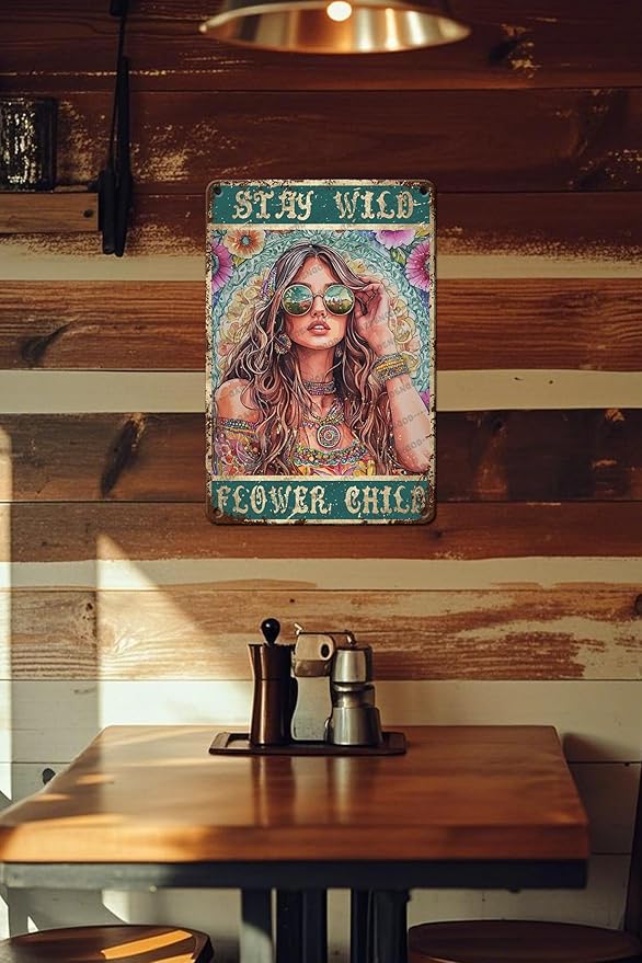 HARIKUIYIN Rustic Retro Metal Tin Sign Stay Wild Flower Child Girl Flowers Wall Art Metal Poster Home Wall Decoration Bar Office Kitchen Home Bedroom Courtyard Decoration Sign 12x8 Inch