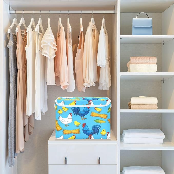 Chicken Rooster Chick Storage Bins with LidsCorn Hay Farm Blue Foldable Storage Basket with Handles Collapsible Large Fabric Organizer Containers for Clothes Shelves Closet Office Home