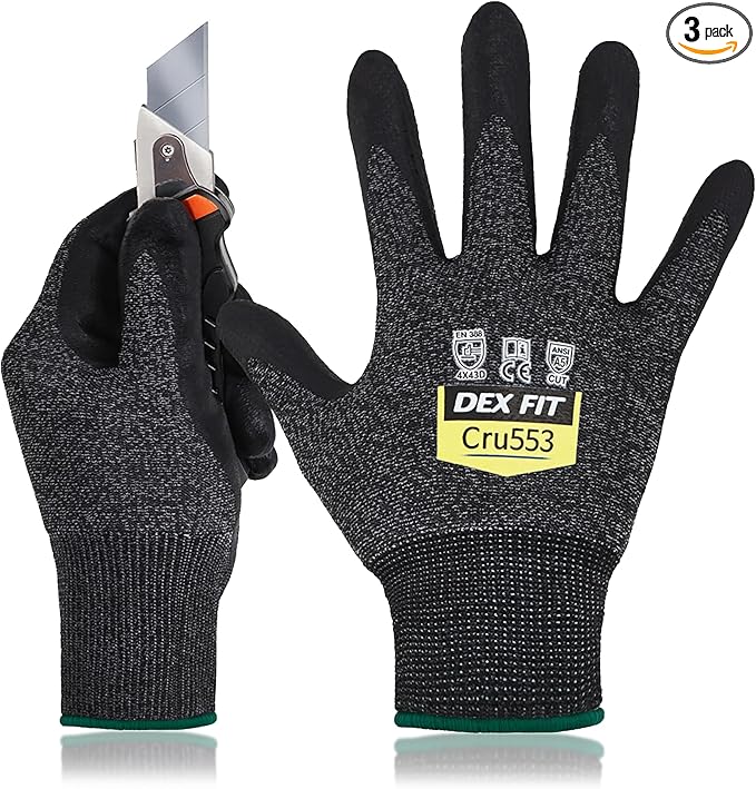 DEX FIT Level 5 Cut Resistant Gloves Cru553, 3D-Comfort Fit, Firm Grip, Thin & Lightweight, Touch-Screen Compatible, Durable, Breathable & Cool, Machine Washable; Black Grey M (8) 3 Pairs