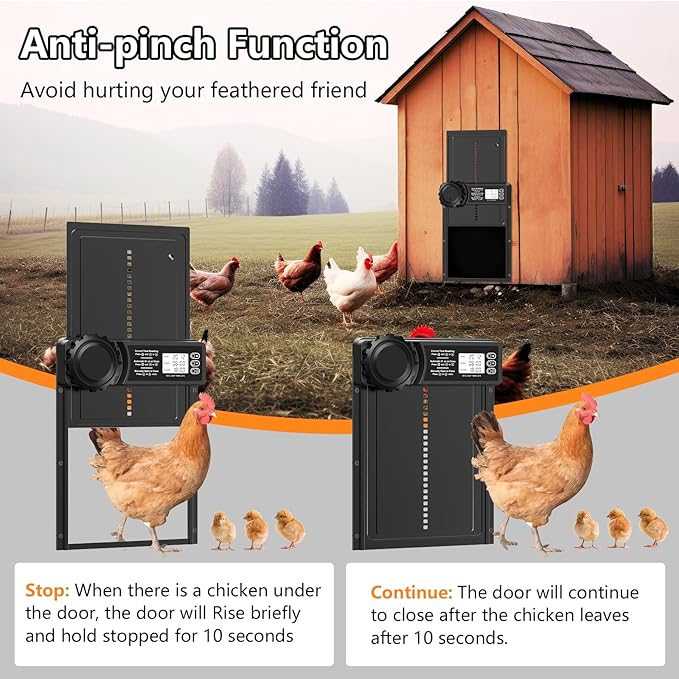 Automatic Chicken Coop Door, Battery Powered Chicken Door with Display Screen, Timer Function, Anti-Pinch Safety Design, Aluminum Alloy Auto Coop Door for Chickens