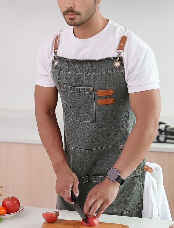 Denim Bbq Apron for Men Women with Pockets Adjustable Cross Back Chef Aprons for Kitchen Cooking Grilling Working