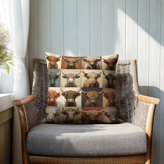 Highland Cow Patchwork Print Throw Pillow Covers 18x18 Inch, Set of 2 | Western Farmhouse Square Cushion Cases for Couch & Living Room | Rustic Country Home Decor, Decorative Pillowcases