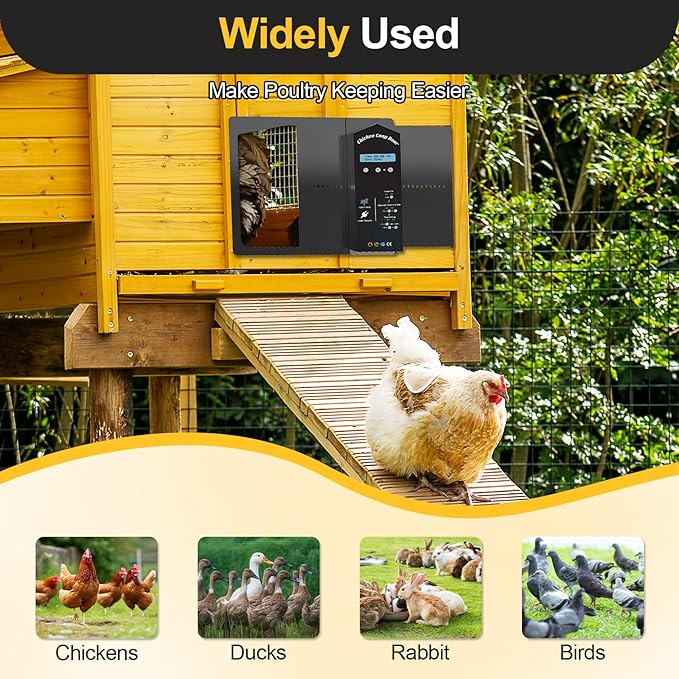 Automatic Chicken Coop Door Solar Powered with LCD Display, Large Aluminum Alloy Chicken Door with Safety Anti-Pinch, 3 Power Supply Modes, Remote Control, Adaptable to a Variety of Harsh Environments