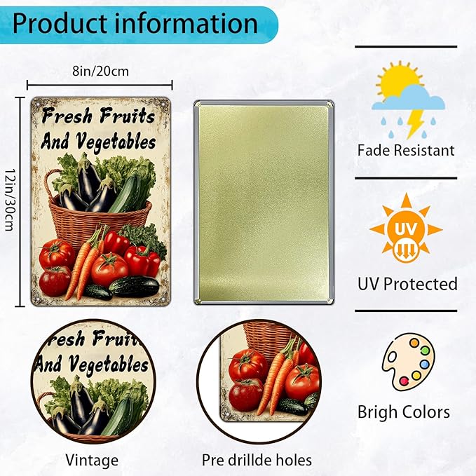 Vegetable Wall Decor Fresh Fruits And Vegetables Metal Tin Sign 12x8 Inch Funny Farmer's Market Tin Poster Retro Home Kitchen Garden Yard Restaurant Wall Decor