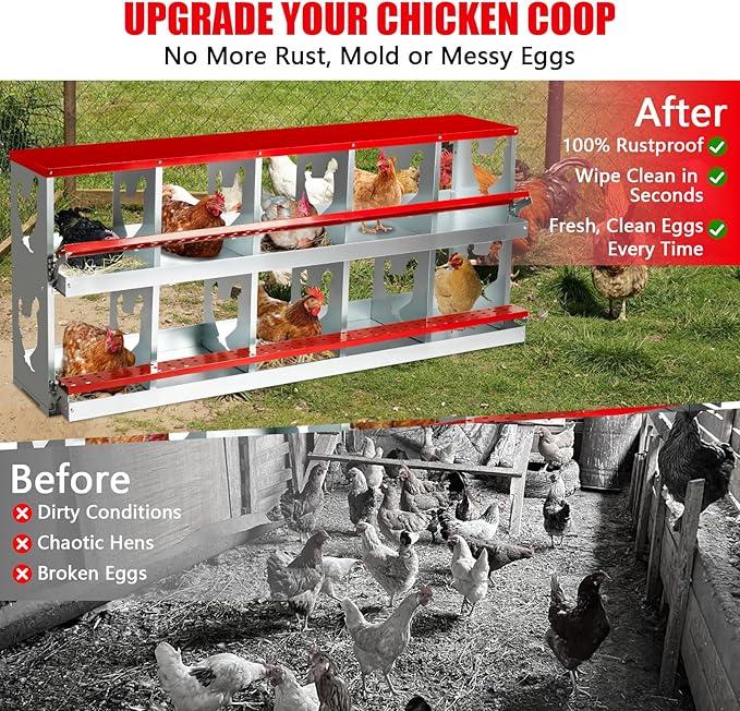 Chicken Nesting Box for Laying Eggs,10 Hole Roll Away Nesting Boxes,Chicken Laying Boxes with Large Vented Holes,Wall-Mountable Chicken Coop Nesting Boxes,Metal Laying Boxes for Hens,Ducks(Red)