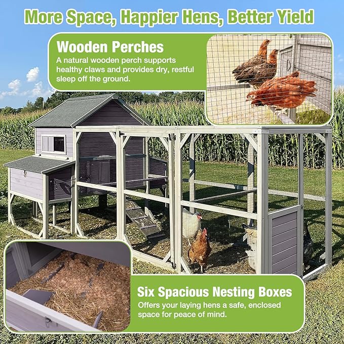 Large Chicken Coop Outdoor Waterproof Chicken Run with Asphalt Roof, Wooden Poultry Enclosure with Easy-Clean Slide-Out Tray for 8-10 Chickens Poultry Cage with Nesting Boxes for Duck Rabbit