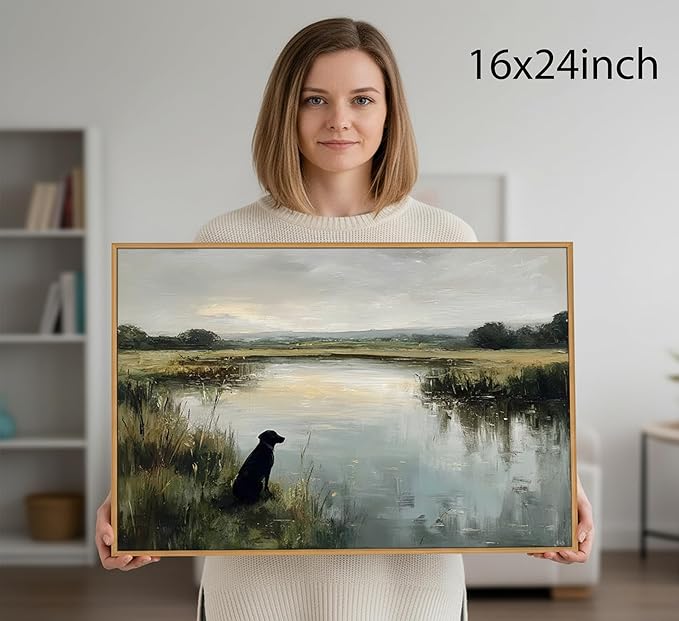 Framed Vintage Black Labrador Wall Art Farmhouse Landscape Canvas Poster Print Hunting Black Dog Picture Retro Animal Painting Artwork Wall Decor for Bedroom Living Room Bathroom 16x24in