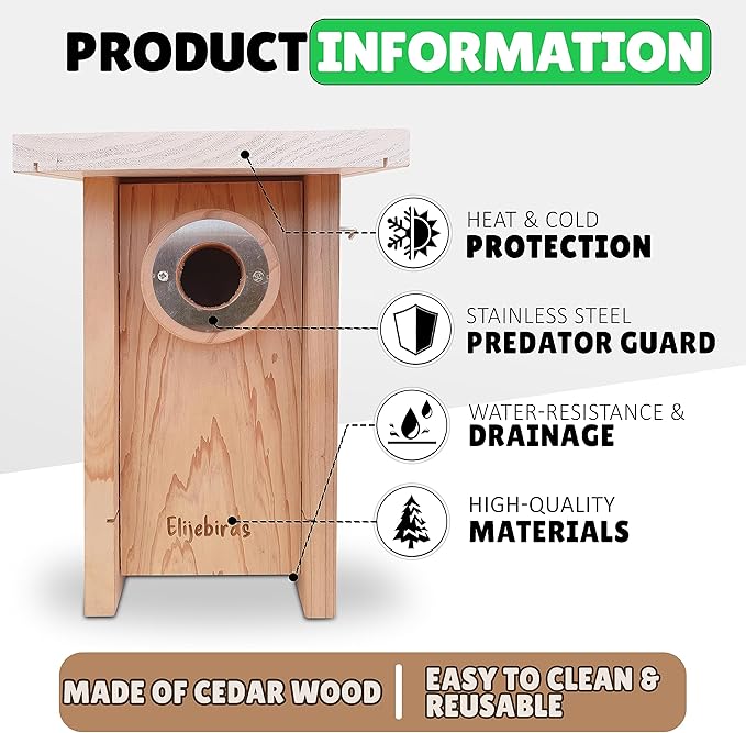 Premium Cedar Bluebird House for Outside - Wooden Bird Box with White Painted Roof & Noel Guard Predator Protection - Durable Birdhouses for Outdoors & Blue Bird Nesting