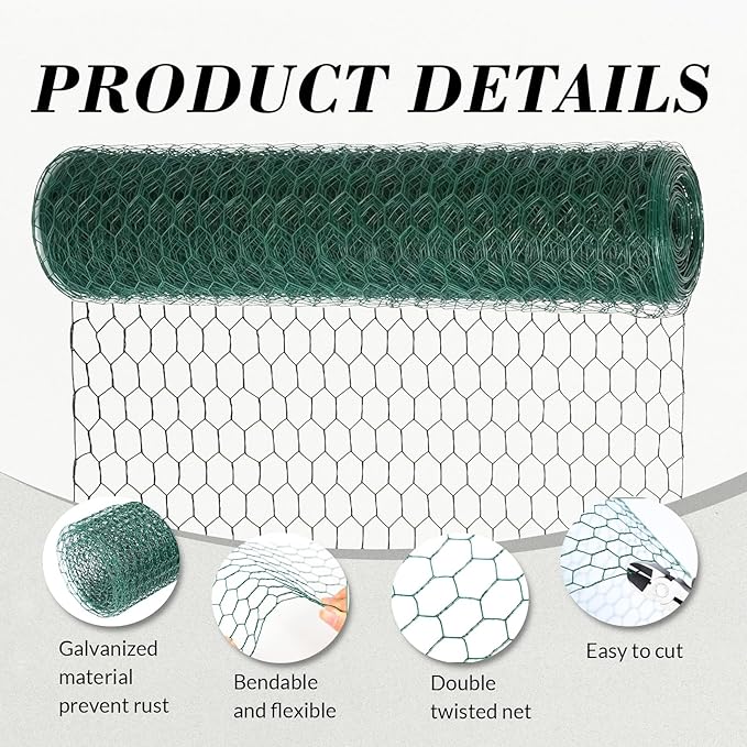Chicken Wire 39.4IN x 78.8FT Green PVC Hexagonal Chicken Wire Garden Fence Netting Garden Fence Barrier for Craft Projects, Pet Rabbit Chicken Fencing