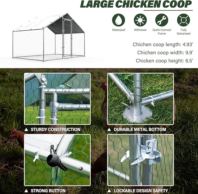 ORANLAND Large Metal Chicken Coop, Spire Chicken Runs for Yard with Cover, Walk in Chicken Coop with Security Lock and Waterproof Cover for Outdoor Farm Use