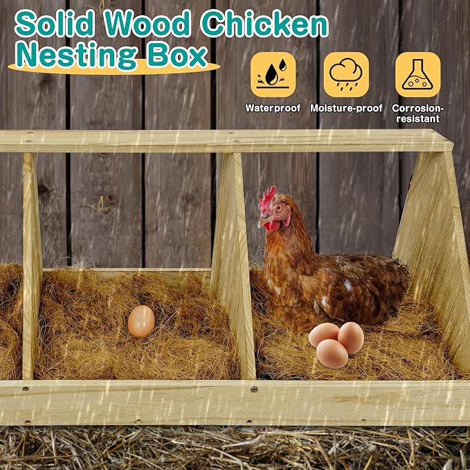 Chicken Nesting Boxes, 3 Compartment Wooden Chicken Laying Boxes, Nesting Boxes for Chickens, Hens, Ducks, Poultry Nest Box for Laying Eggs, Includes 3 Fake Eggs