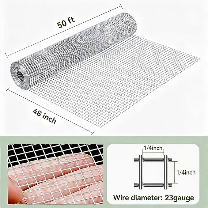 AMAGABELI GARDEN & HOME Hardware Cloth 1/4 inch 48inx50ft Galvanized After Welding Square Chicken Wire Welded Fence Mesh Roll Garden Bed Plant Supports Poultry Netting Cage Wire Snake Fence JW001