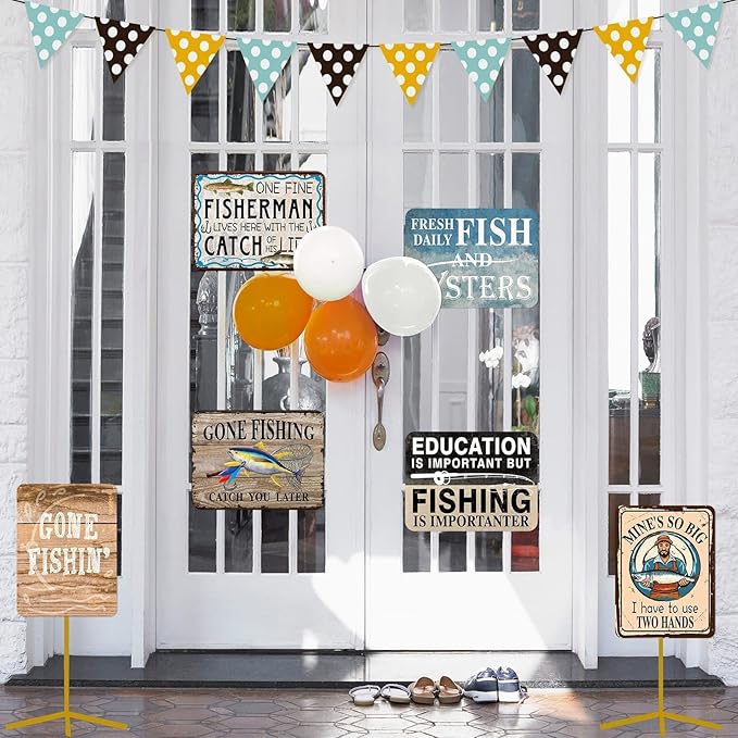 WERNNSAI Fishing Party Decorations - 9 PCS Gone Fishing Birthday Party Decorations for Boys - Fisherman Fish Theme - Vintage Wall Decor for Home Garden Yard