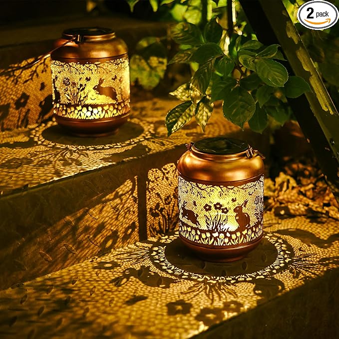 2Pack Rabbit Solar Lanterns Outdoor Waterproof Hanging Solar Lights Bunny Gifts for Women Mom Grandma Metal Decorative LED Lantern Outside for Garden Decor,Yard,Patio,Lawn,Porch,Backyard,Pathway