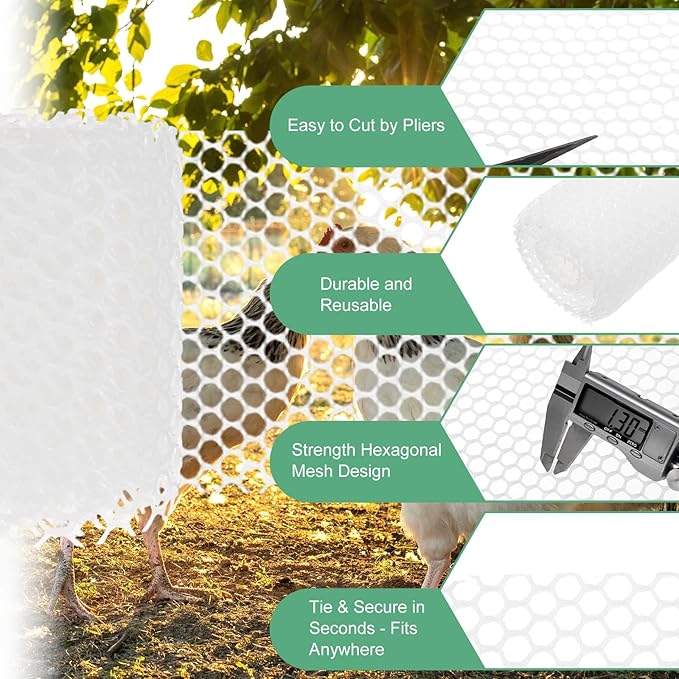 1-Pack Floral Chicken Wire Mesh, 3.9 in x 9.8 ft Plastic Hexagonal Chicken Wire Fencing with 50 Garden Ties for Crafts/Poultry Netting/Garden/Plant Protection [White]