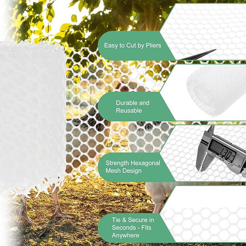 1-Pack Floral Chicken Wire Mesh, 3.9 in x 9.8 ft Plastic Hexagonal Chicken Wire Fencing with 50 Garden Ties for Crafts/Poultry Netting/Garden/Plant Protection [White]